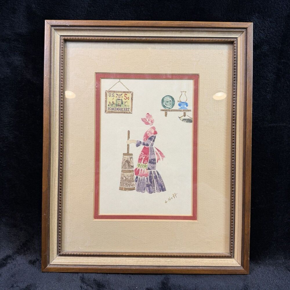 Neff Signed Original Postage Stamp Collage Art Woman Framed Folk Art Country
